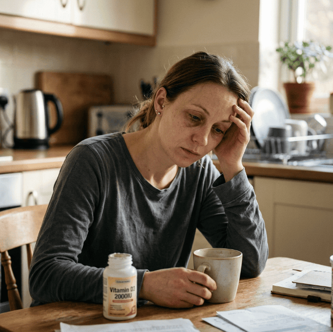 Low vitamin D symptoms illustration showing fatigue, muscle weakness, bone pain, hair loss, and mood changes in women