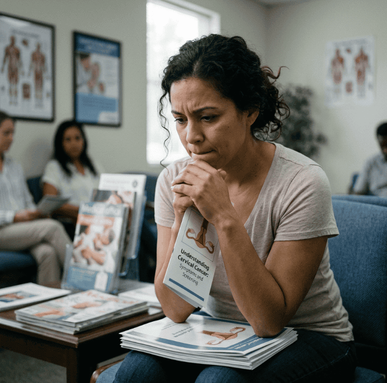 Woman with a book named signs of cervical cancer in females